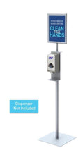 Load image into Gallery viewer, HAND SANITIZER DISPENSER STAND W/ 8.5&quot; X 11&quot; FRAME, FIXED HEIGHT, SQUARE BASE, SILVER
