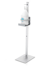 Load image into Gallery viewer, FOOT OPERATED HAND SANITIZER DISPENSER STAND, 44&quot; POLE, RECT BASE, 18&quot; LOCKING CABLE &amp; LOCK

