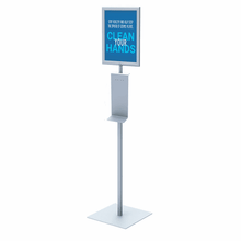 Load image into Gallery viewer, HAND SANITIZER DISPENSER STAND W/ 11&quot; X 14&quot; FRAME, FIXED HEIGHT, SQUARE BASE, SILVER
