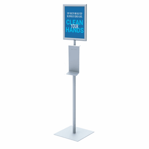HAND SANITIZER DISPENSER STAND W/ 11" X 14" FRAME, FIXED HEIGHT, SQUARE BASE, SILVER